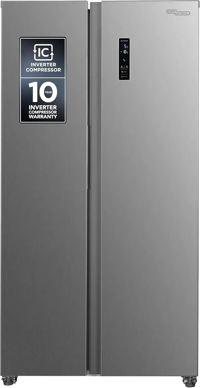 super general Gross Side-By-Side Refrigerator-Freezer SGR710SBSSE, Inverter Compressor, Digital Control, Tempered Glass Shelves, 91x59x177cm (WxDxH), Inox Finish, 10-Years Inverter Warranty