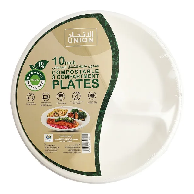 Union 10-Inch Compostable 3 Compartment Plates, 10 Pcs