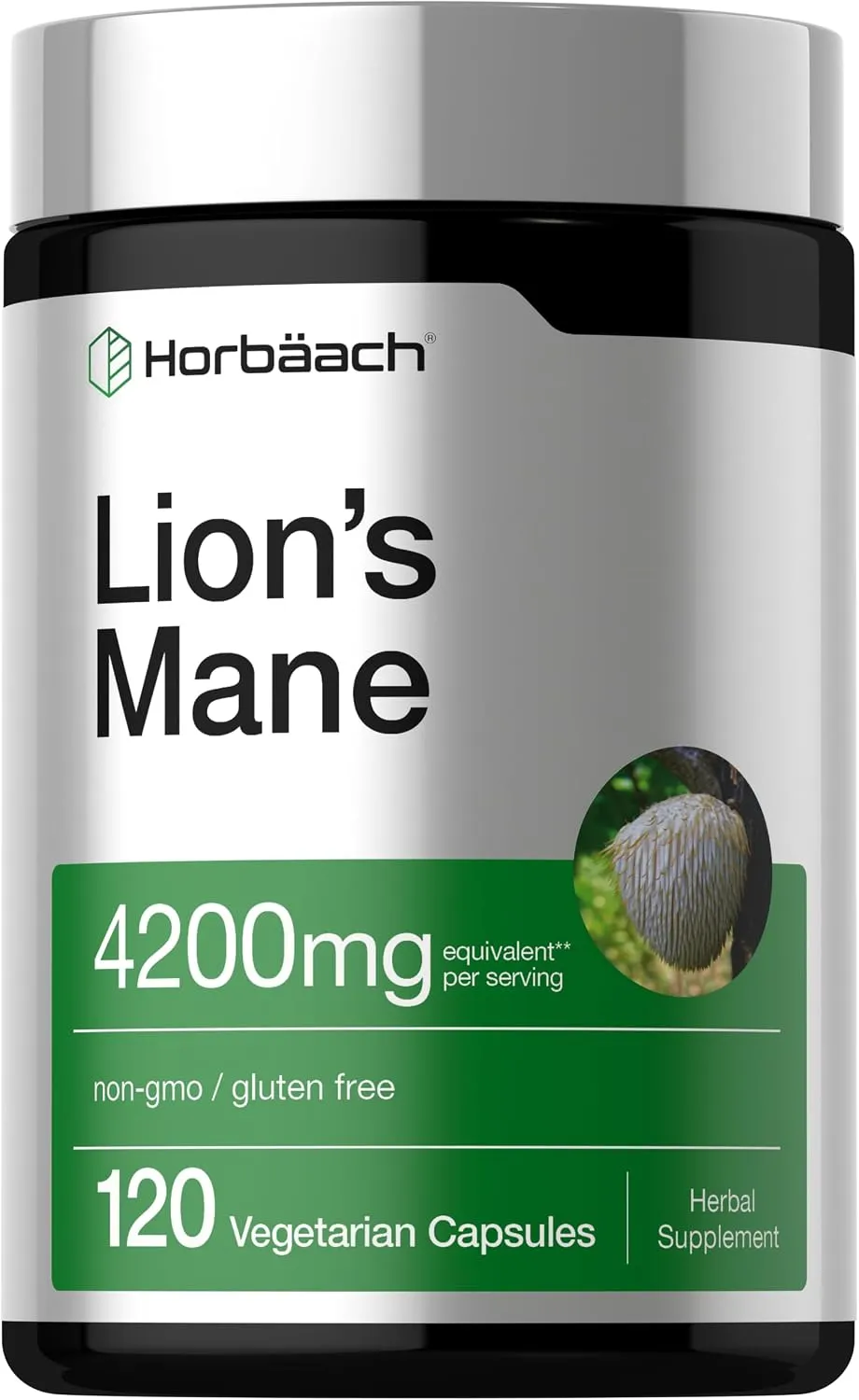 Horbäach مستخلص فطر عرف الأسد بتركيز 4200mg، عدد 120 كبسولة، نباتي، غير معدل وراثياً، مكمل خالٍ من الغلوتين