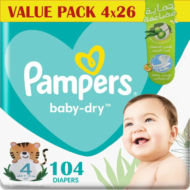 Pampers Baby Dry Taped Diapers, Size 4, 9-, Baby Lotion with Olive Oil, 104 Diapers
