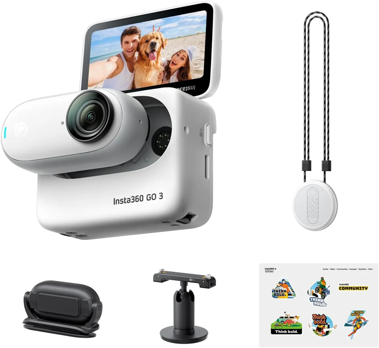 insta360 كاميرا أكشن GO3 128GB-Sticker Kit صغيرة وخفيفة الوزن، محمولة ومتعددة الاستخدامات، تصوير POV بدون استخدام اليدين، تثبيت في أي مكان، تثبيت صورة، وحدة أكشن متعددة الوظائف، مقاومة للماء، للسفر والرياضة