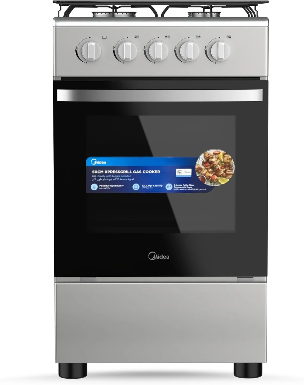 Midea طباخ 50x55cm، فرن طهي بالغاز الكامل مع 4 شعلات، إشعال يدوي وأمان كامل MFO-MG20TE-OL فضي