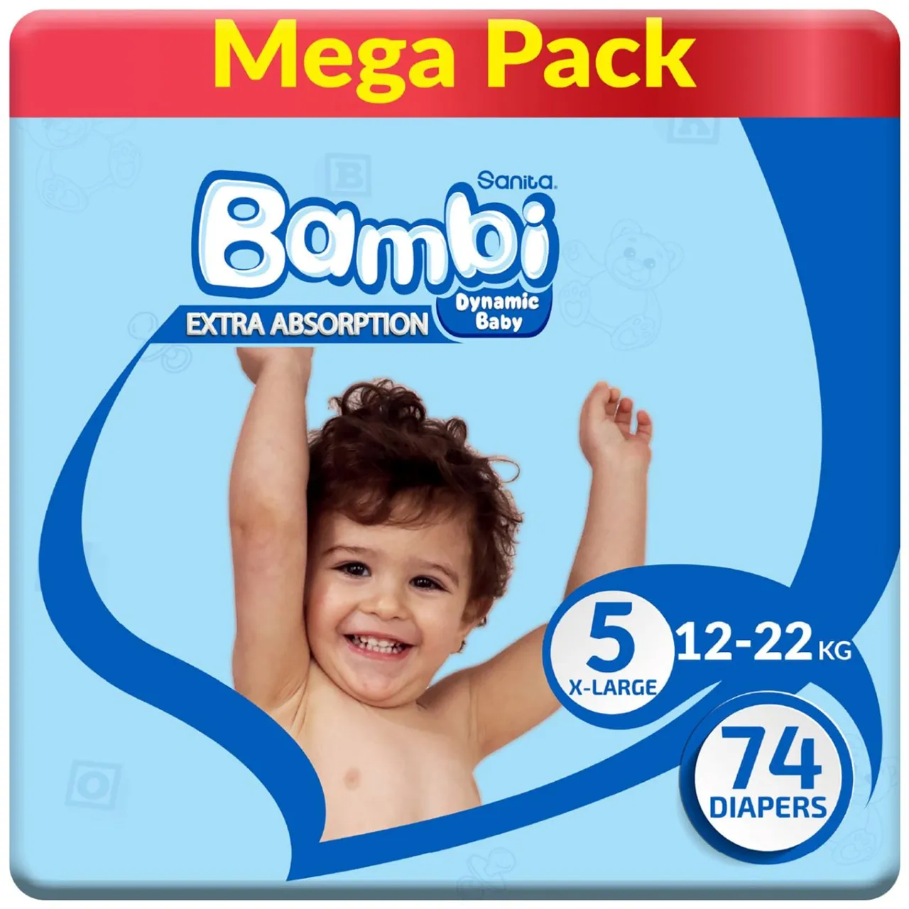 Sanita Bambi حفاضات أطفال عبوة Mega مقاس 5، كبير جدا X-Large، 12-، عدد 74