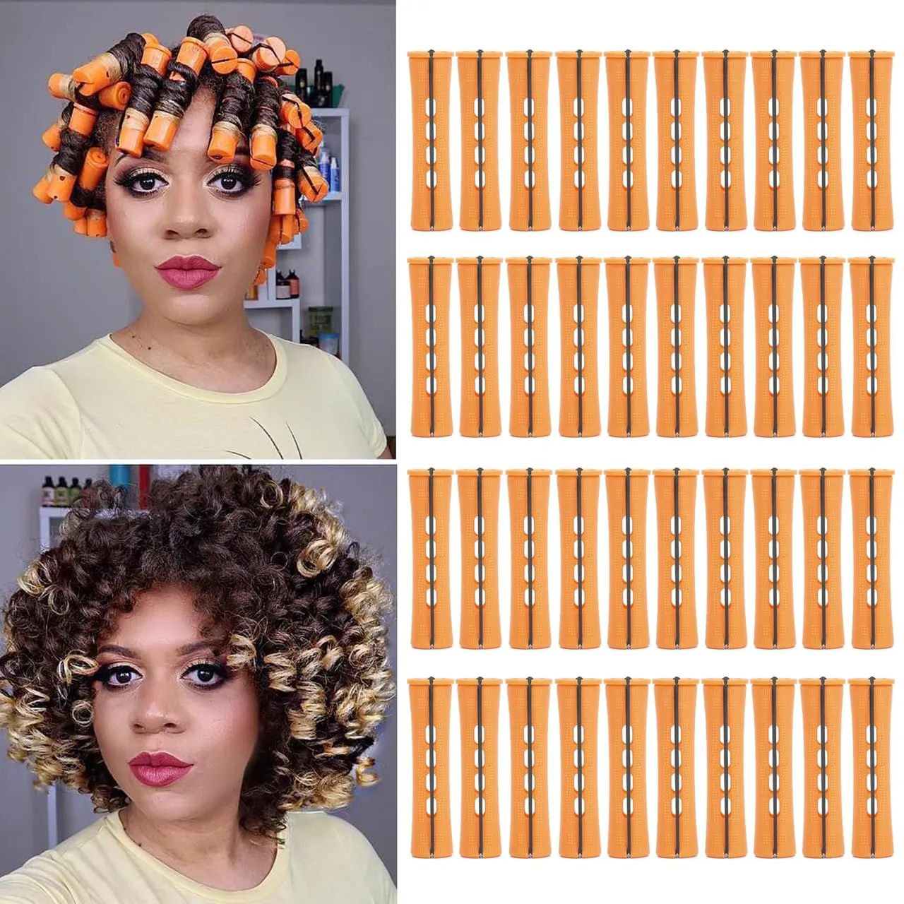 Riseety أعواد بيرم موجة باردة للشعر الطويل، 40PCS أعواد تجعيد بلاستيك برتقالية Orange للشعر القصير والطبيعي، أعواد بيرم DIY للتصفيف (Orange 40Pcs