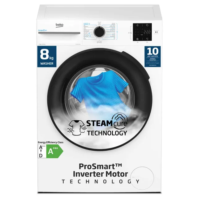 Beko Front Load Washing Machine, 1400 RPM, 15 Programmes, Quick wash 14/28 Minutes,10 Years Warranty on ProSmart Inverter Motor, WTV814UNXW(White)