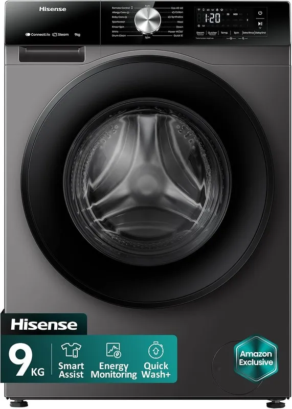 Hisense سرعة 1,400 rpm، فئة A، أسود، wifi-APP، بخار، حلة RainDrop، 72 dB (Class A) WF3S9043BT