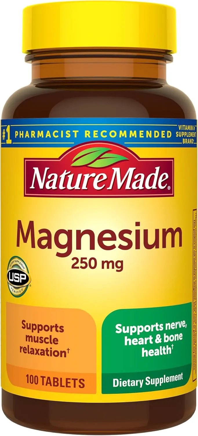 Nature Made مغنيسيوم 250mg، عدد 100 قرص، مكمل مغنيسيوم للرجال والنساء، يدعم صحة العضلات والقلب والعظام والأعصاب، يكفي 100 يوم