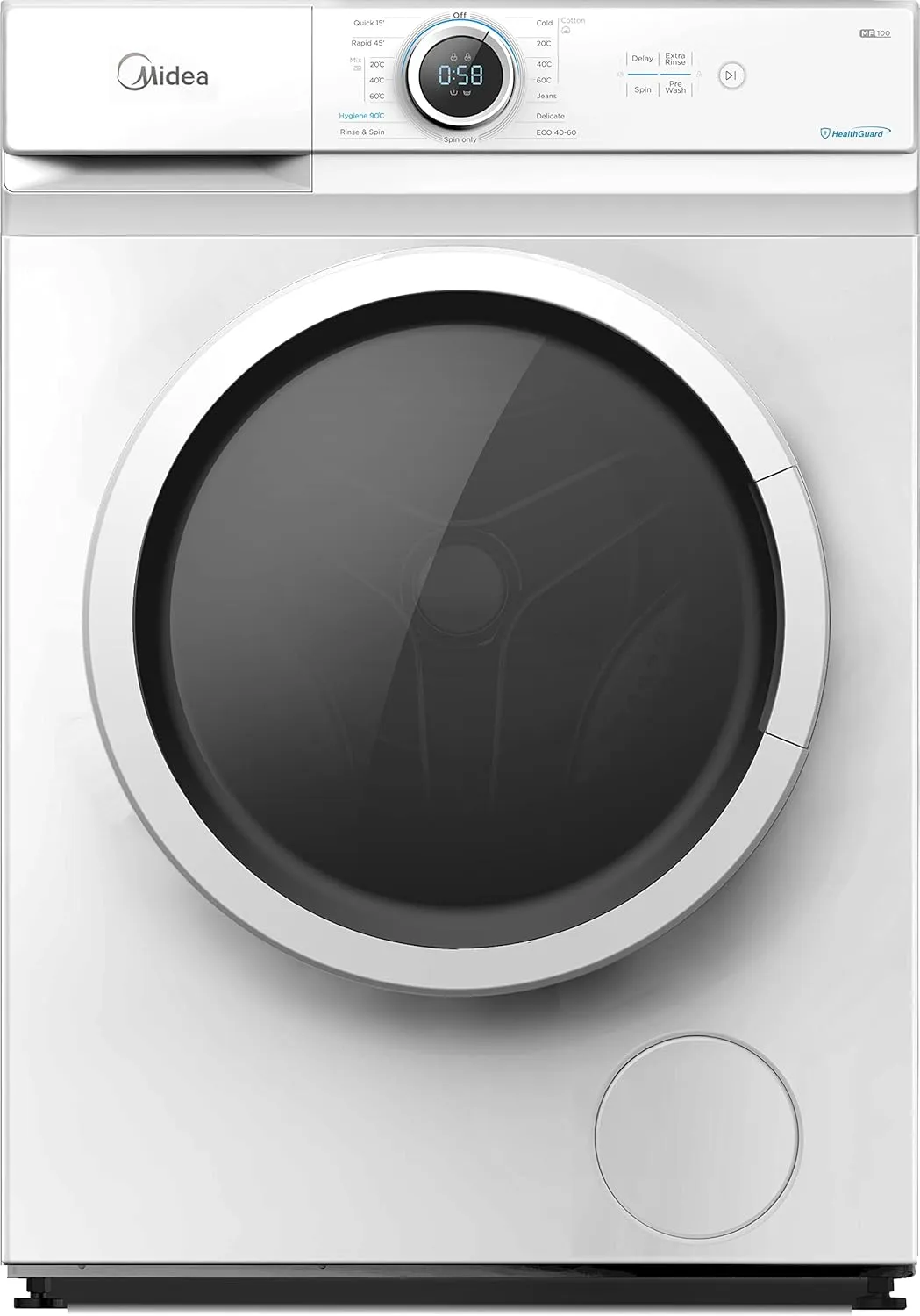 Midea غسالة تحميل أمامي بقرص قمري، تقييم 5 نجوم، 1200 RPM، 15 برنامج، غسالة أوتوماتيكية بالكامل، شاشة LED رقمية، قفل أطفال، تعقيم 90°، وظيفة كتم الصوت، أبيض - MF100W70W