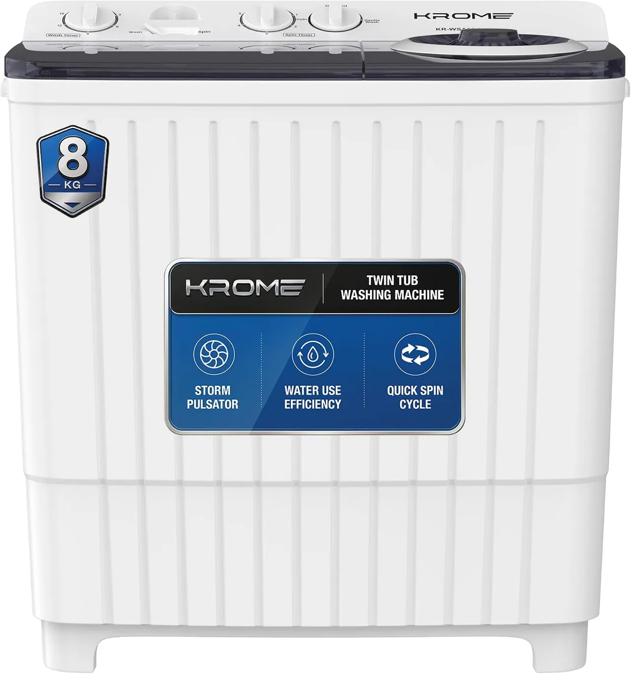 Krome غسالة حوضين نصف أوتوماتيك موتور عصر ألمنيوم مؤقت ميكانيكي 4 نجوم 360W غسيل / 170W عصر أبيض KR-WSA80K