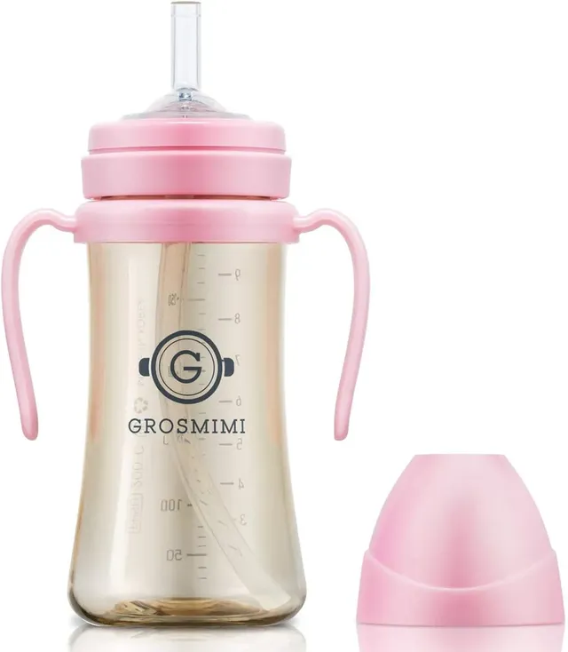 grosmimi Spill Proof No Spill Magic Sippy Cup with Straw with Handle for Baby and Toddlers, Customizable, PPSU, BPA Free 10 oz (Pink)