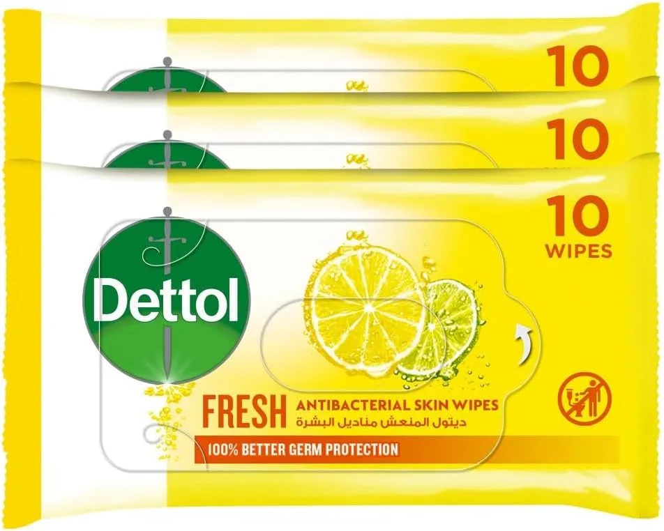 Dettol مناديل مبللة منعشة مضادة للبكتيريا للبشرة 3 x 10 مناديل