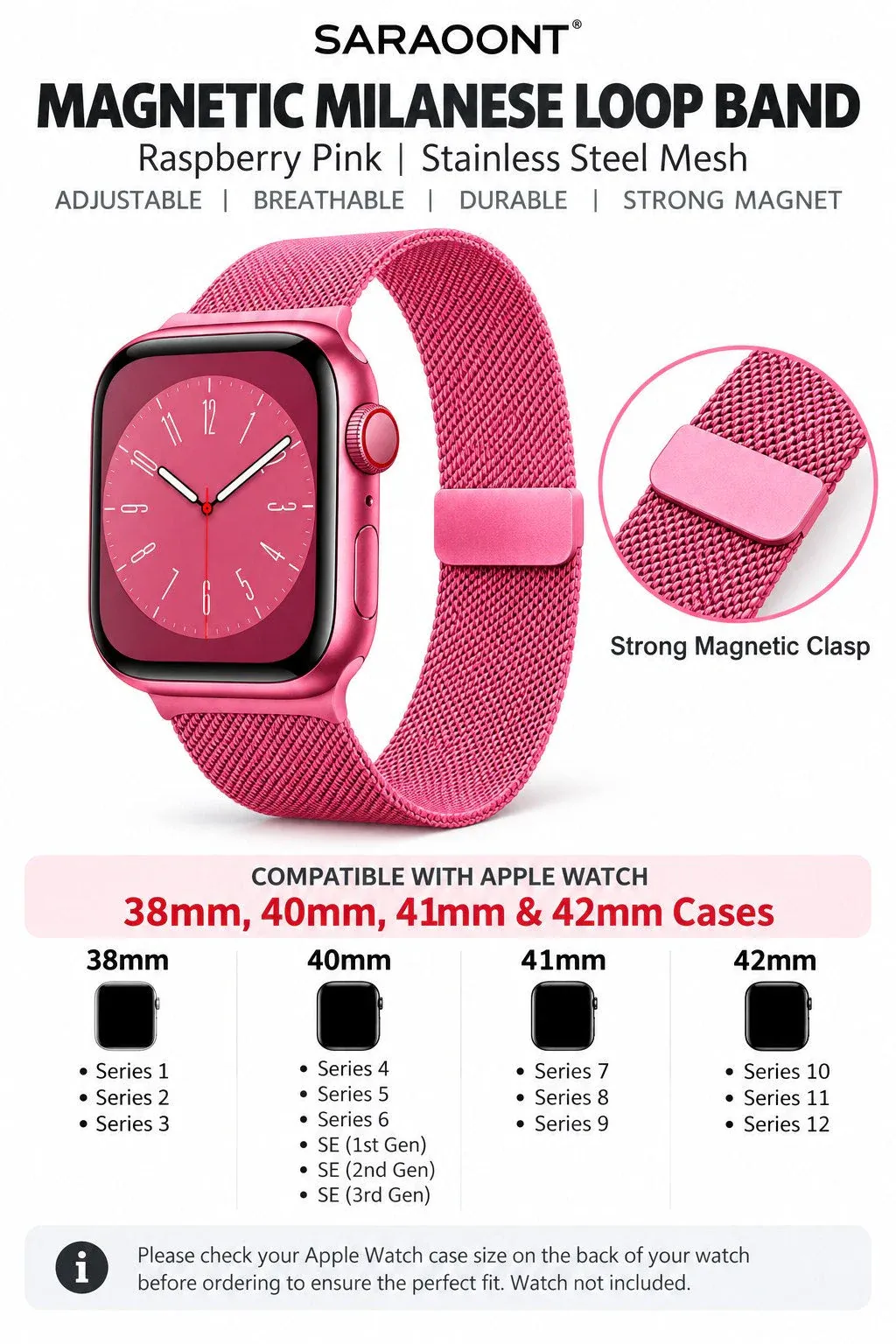 saraoont سوار ميلاني مغناطيسي متوافق مع Apple Watch بمقاسات 38mm 40mm 41mm 42mm، السلسلة 12 11 10 9 8 7 6 5 4 3 2 1، وSE، سوار قابل للتعديل من شبك الفولاذ المقاوم للصدأ - وردي توتي