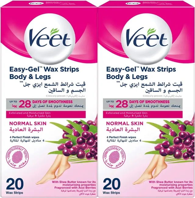 veet Hair Removal Easy-Gel Wax Strips Body & Legs for Normal Skin, Moisturising Shea Butter and Acai Berries Scent, 40 Wax Strips Twin Pack