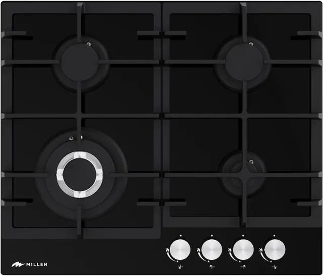 Millen 60cm Built In Black Glass Gas Hob with 4 Burners - 3 Years Warranty, GHG 645 BL