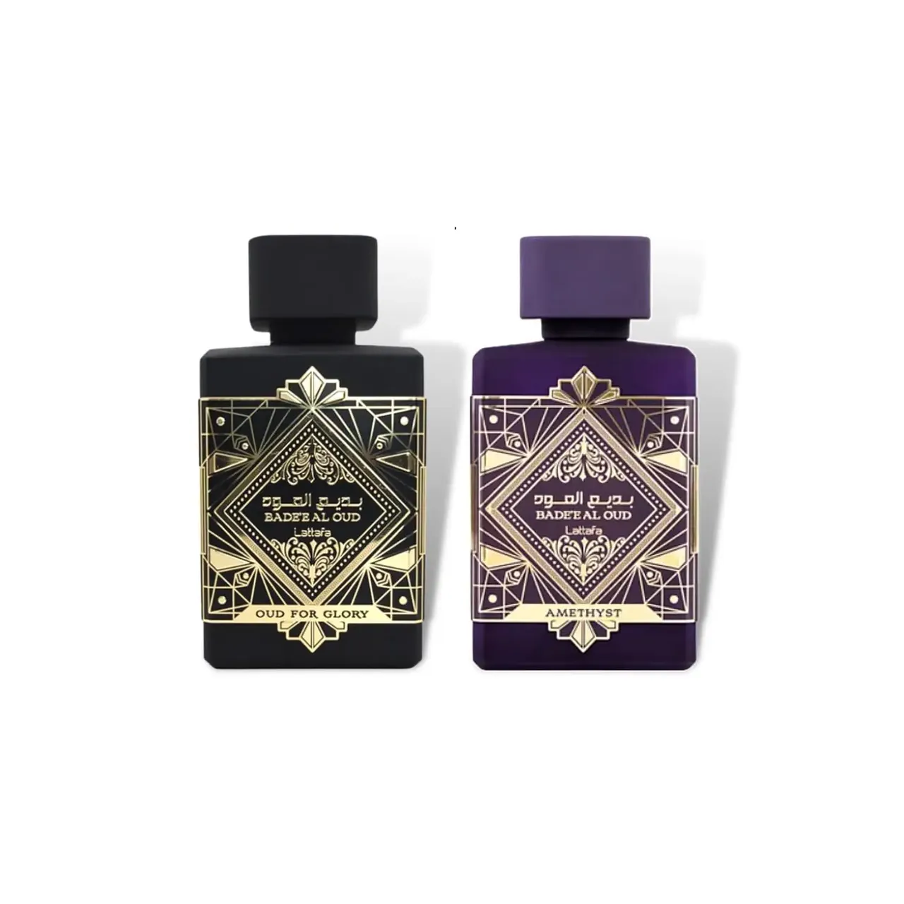 lattafa Bade'e Al Oud طقم من 2 قطعة للجنسين (بخاخ أو دو برفان Amethyst 3.4 Oz + بخاخ أو دو برفان Oud for Glory 3.4 Oz)