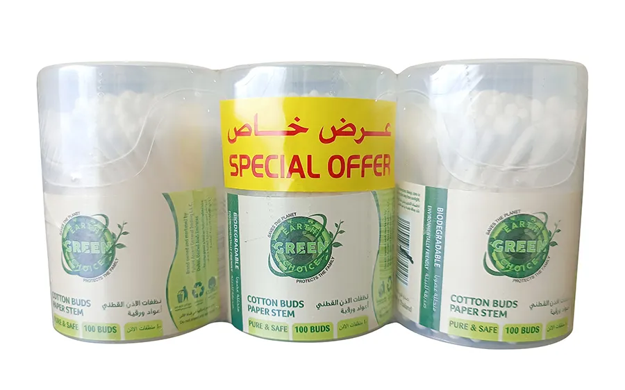 Earth Green Choice أعواد قطنية بساق ورقية - 3x100's