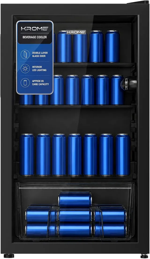 krome Beverage Cooler, Free Standing, Single Door, 2 Glass Shelves, Crisper Drawer, Blue LED Light, Recessed Handle, Manual Temperature Control, Eco-Friendly R600A, Black, KR-BC120DM