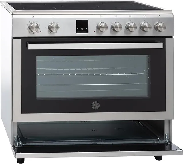 Hoover 90x60cm Ceramic Cooker, 5 Cooking Zones, Fully Electric 90 cm Cooking Range, Auto Ignition, Electric Multifunction Oven & Grill Cooling Fan, Steel Finish, Made in Turkey - HVC-V95E-S