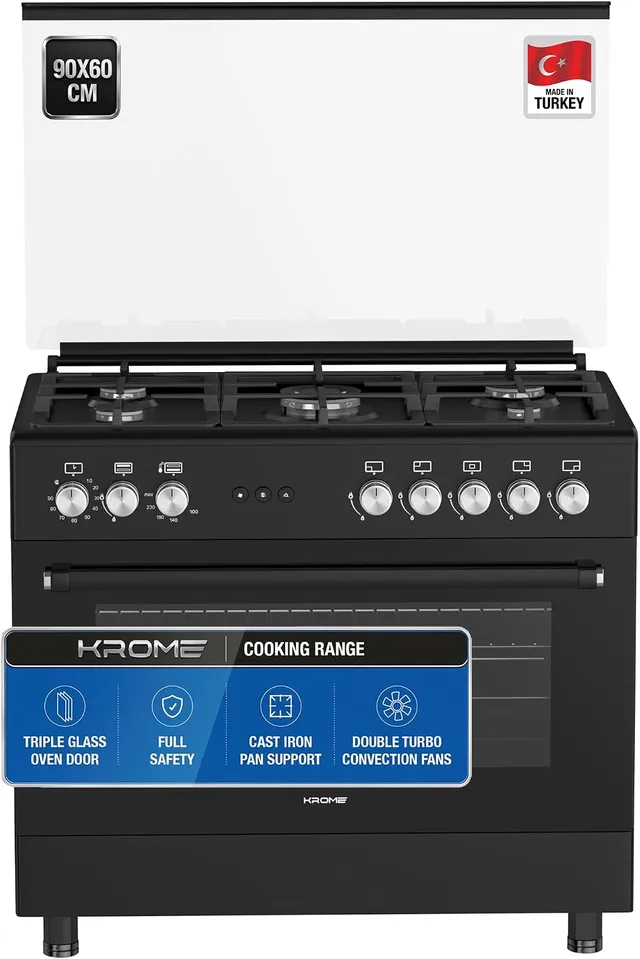 Krome 60cm 90× Freestanding Gas Cooker – 5 Euro Pool Burners + Dual SABAF Burner, Double Turbo Fan, Full Safety Oven & Hob, Cast Iron Pan Supports, Push Button Ignition, Black - KR-CR9062FEB