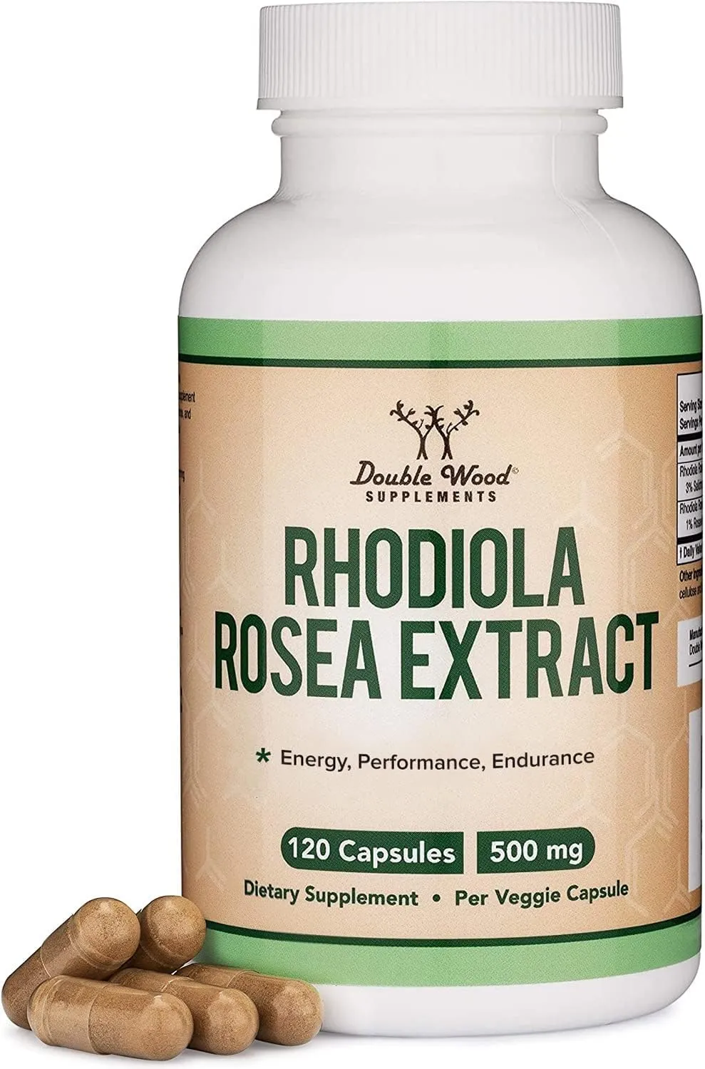 Double Wood Supplements مكمل روديولا روزيا 500mg، 120 كبسولة نباتية (مفحوص من طرف ثالث، خالٍ من الغلوتين، مستخلص 3% ساليدروسيد و 1% روسافين) للأداء والتهدئة والتحفيز
