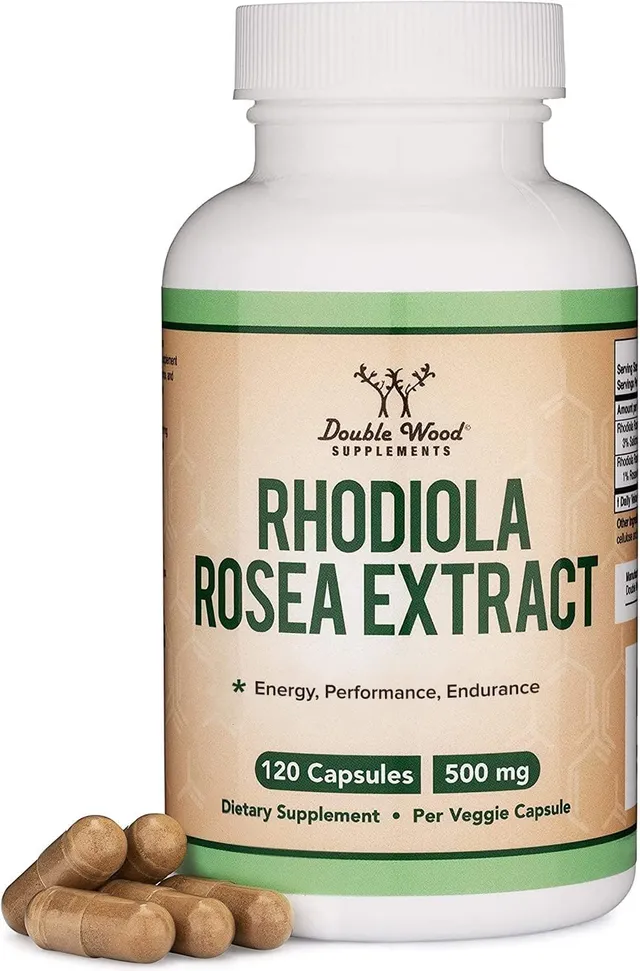 Double Wood Supplements Rhodiola Rosea Supplement 500mg, 120 Vegan Capsules (Third Party Test, Gluten Free, 3% Salidrosides, 1% Rosavins Extract) for Performance, Calming, Motivation