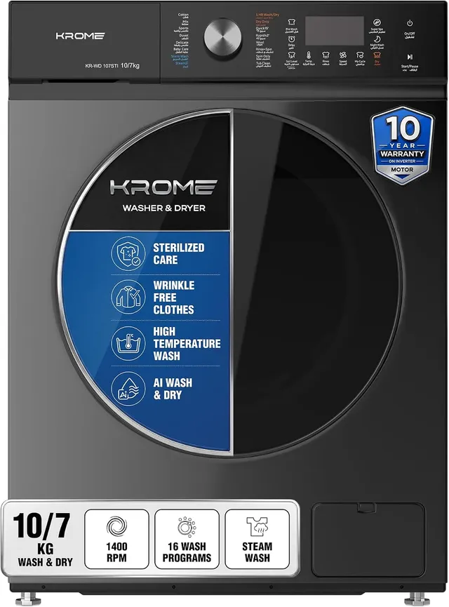 Krome 10/ Front Loading Washer Dryer Machine 1400 RPM Spin - KR-WD107STI