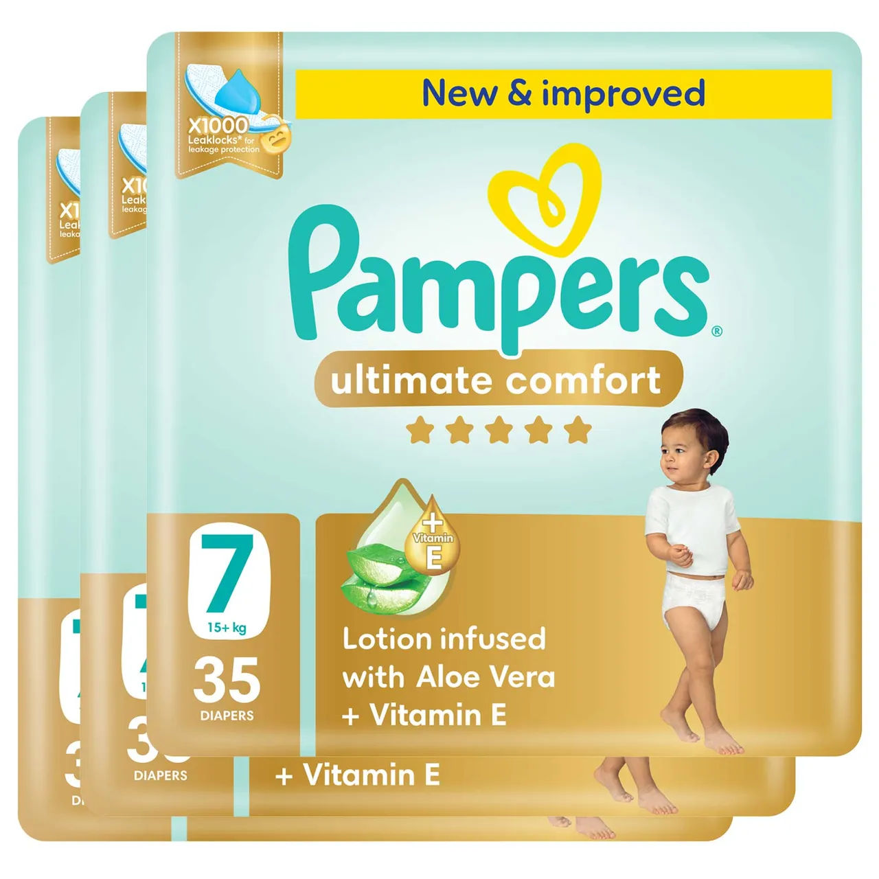 Pampers حفاضات الراحة القصوى بالألوفيرا مع فيتامين E مقاس 7 + عبوة عملاقة 35 حفاضة