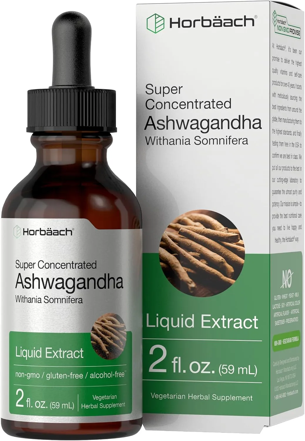 Horbäach قطرات الأشواغاندا السائلة، 2fl oz، مستخلص جذور، مكمل خال من الكحول للنساء والرجال، Withania Somnifera، نباتي، غير معدل وراثيا، خال من الغلوتين، مكمل خال من الكحول