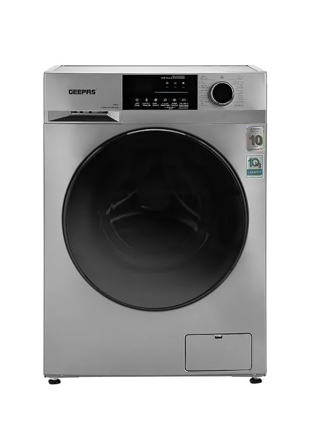 Geepas Fully Automatic Front Load Washing Machine, 15 Programs, Quick Wash, Steam Wash, Child Lock, Drum Capacity, Metallic Grey, GWMF10140 - 1 Year Full and 10 Year Inverter Motor Warranty