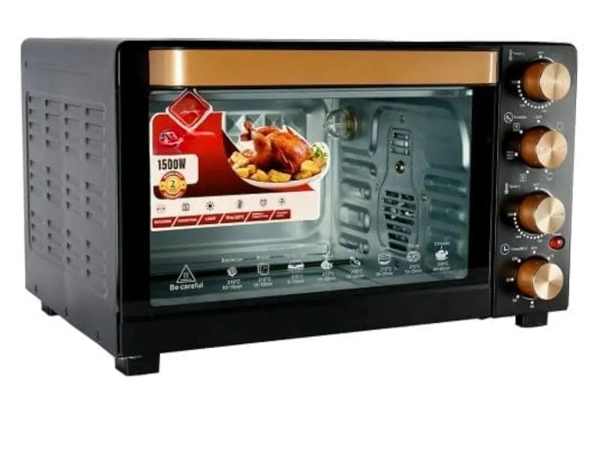 Orixa فرن كهربائي محمصة 2800W، فرن حراري مع شواية دوارة ومصباح فرن، 7 وظائف طهي، ترموستات قابل للتعديل 70–250°C، صينية خبز ورف
