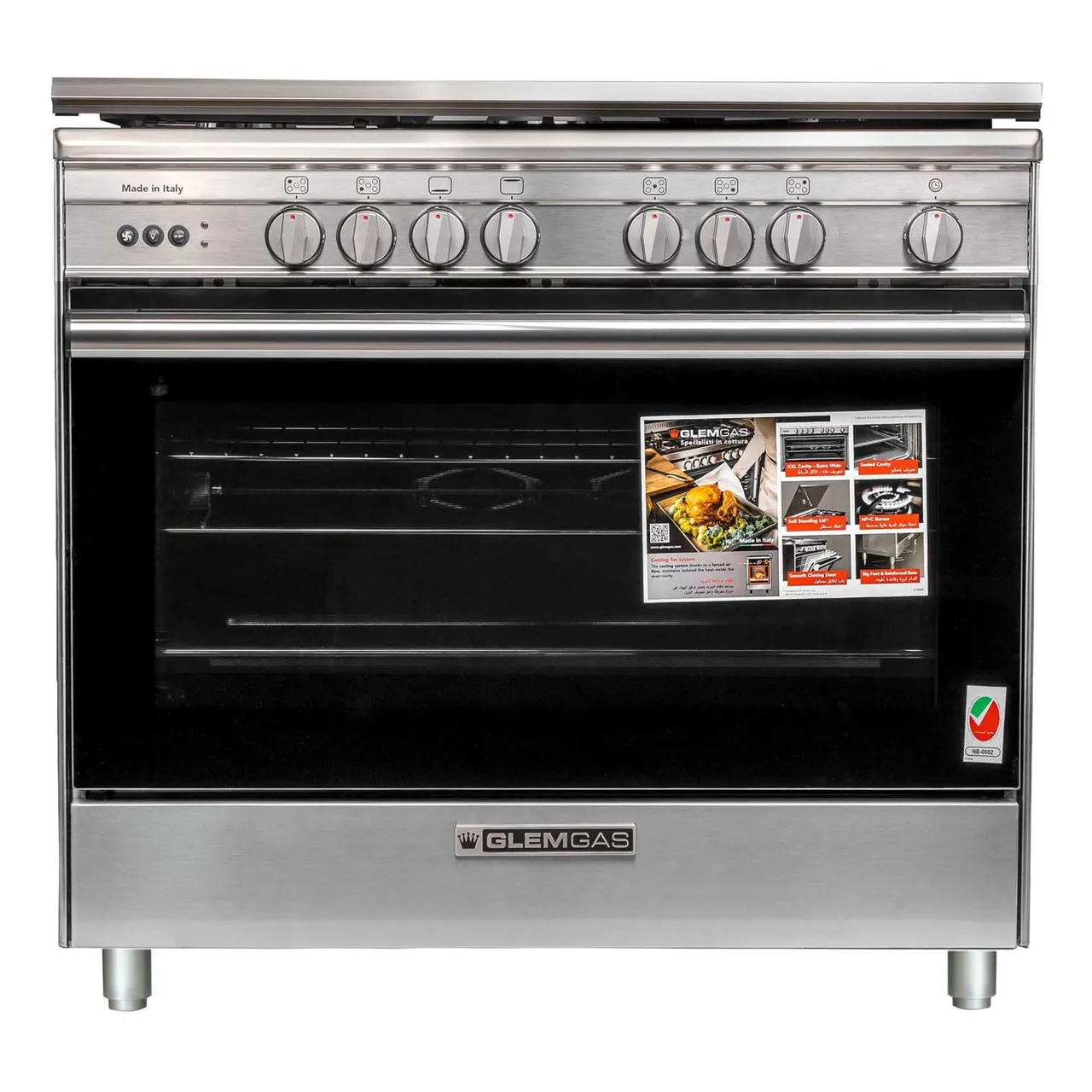 Glemgas 90x60 Freestanding Gas Cooker with 5-Burner, Cast Iron Grids, Full-Safety, Maxi Gas Oven123L with FAN, Storage Compartment, Catalytic Cleaning, SB9612RI-FSCD