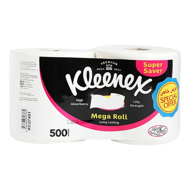 Kleenex Mega Roll Long Lasting Tissue, 1 Ply x 500m, 2 Rolls