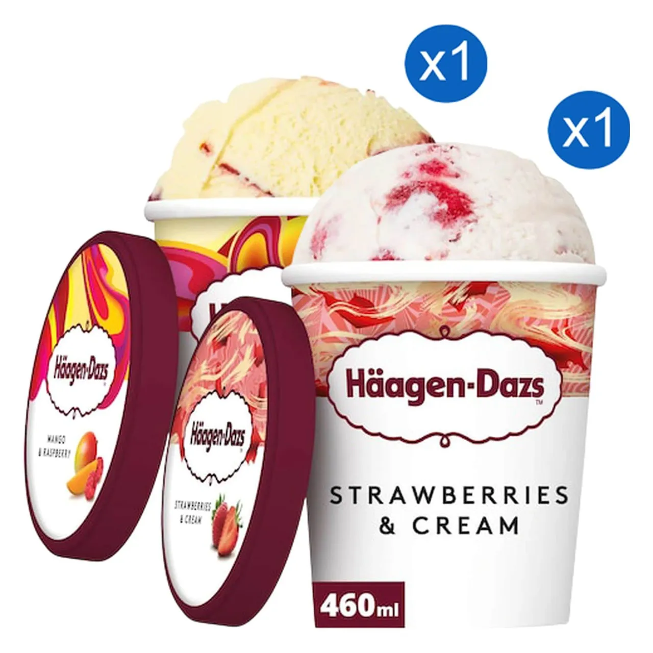 Haagen Dazs علبة آيس كريم بالفراولة والكريمة Haagen-Dazs وعلبة آيس كريم بالمانجو والتوت