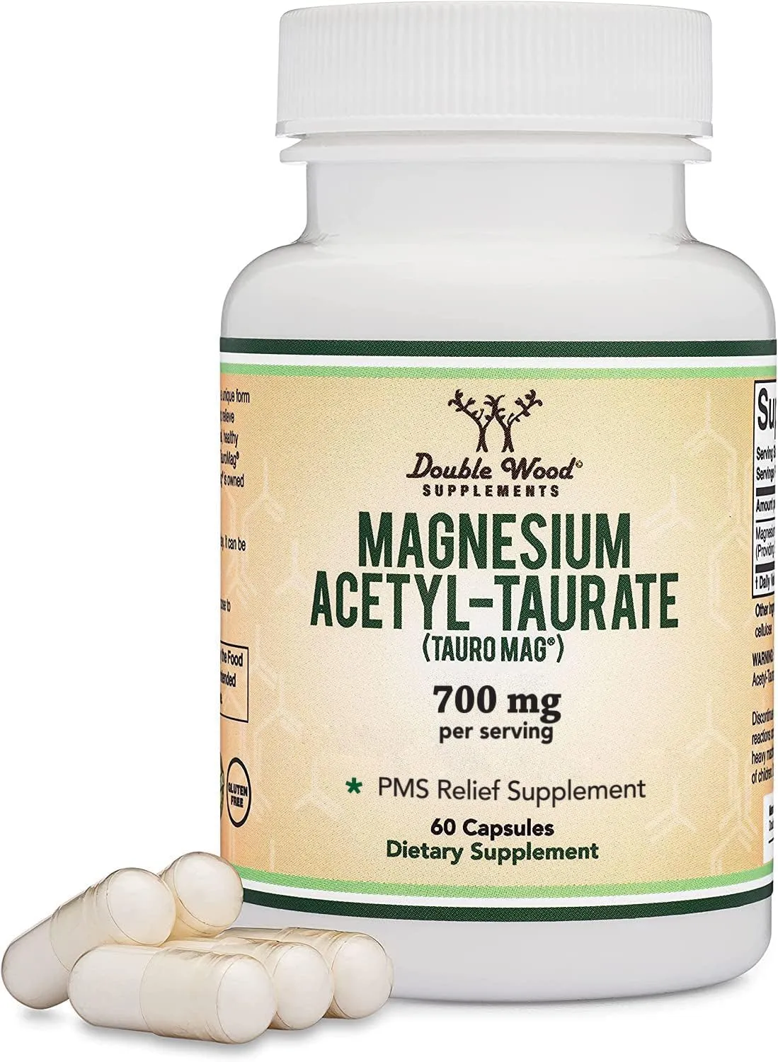 Double Wood Supplements مغنيسيوم لتخفيف أعراض الدورة (مغنيسيوم أسيتيل تورات (Tauromag)) تركيبة جديدة وحاصلة على براءة اختراع لتشنجات التقلبات (60 كبسولة، 350Mg)