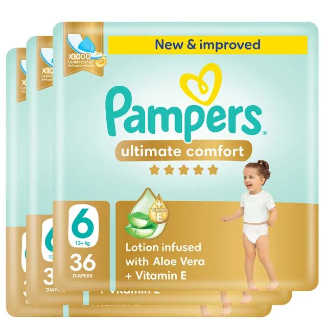 Pampers Ultimate Comfort Diapers with Aloe Vera Plus Vitamin E Size 6 + Mega Pack 36 Diapers