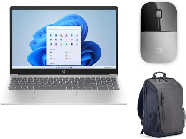 HP Laptop 15-FD0325NE Intel Core 5 120U 15.6" FHD IPS 24GB DDR5 512GB PCIe SSD Windows 11 Home Backlit English/Arabic Keyboard Includes Z3700 Silver Wireless Mouse & Travel Backpack