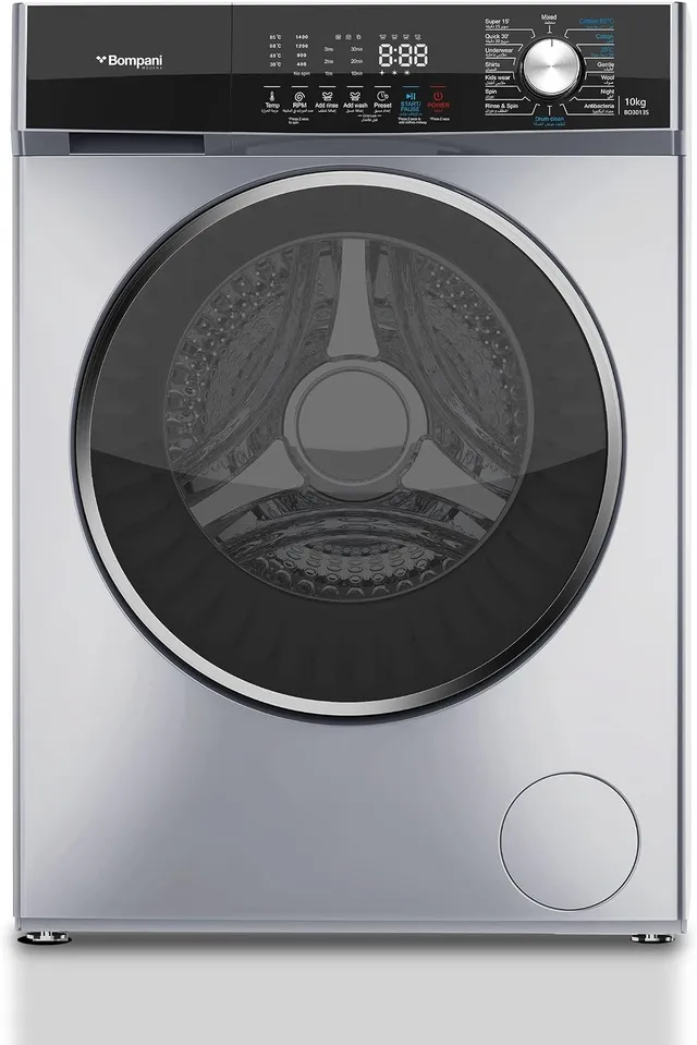 Bompani Front Load Washing Machine BLDC Inverter Motor, 1400RPM, 16 Wash Programs, Touch & Knob Control, Stainless Steel Drum – (1 Year Warranty) 1900 W BO3013S Grey