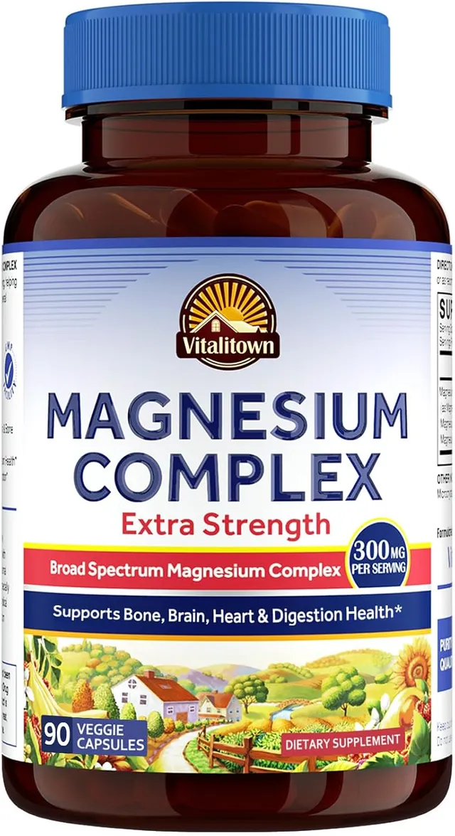 Vitalitown Magnesium Complex Supplement, 300mg Elemental Mag, Magnesium Citrate Glycinate Taurate Malate, Non-Gmo, No Gluten, 90 Vegan Magnesio Capsules For Bone Brain Heart