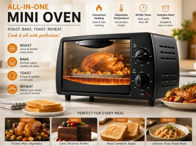 Oakriver Countertop Toaster Oven 650W Electric Mini Oven for Baking, Toasting, Broiling, Grilling & Reheating Adjustable Temperature Thermostat, Defrost Function & Tempered Glass Door