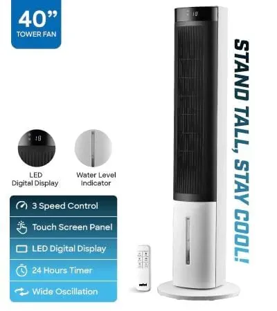 oakriver مروحة برجية 40-Inch مع 3 إعدادات للسرعة، شاشة LED، مؤقت 24-Hour، تذبذب واسع ومؤشر مستوى الماء، مروحة تبريد طويلة للمنزل وغرفة النوم والمكتب