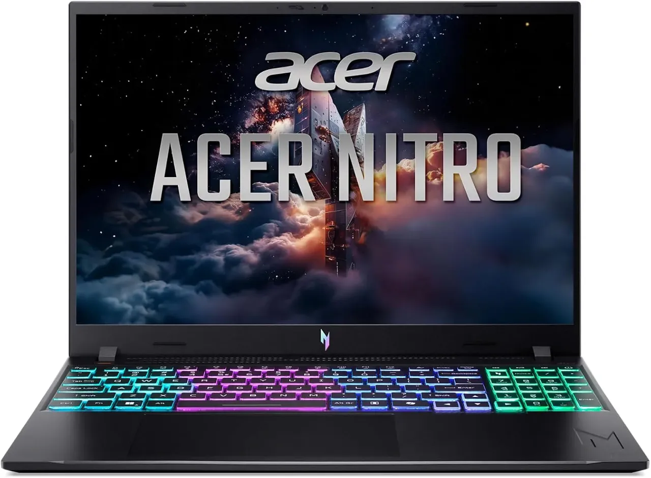 acer لابتوب الألعاب Nitro V16، شاشة 16 WUXGA IPS بمعدل 165Hz، معالج Intel Core 7 240H، بطاقة رسومات NVIDIA GeForce RTX 5050، ذاكرة 16GB RAM، تخزين 2TB SSD، لوحة مفاتيح En KB، نظام Win11 Home، أسود Obsidian Black