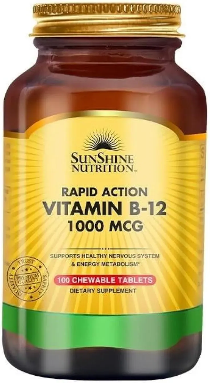 sunshine nutrition فيتامين B-12 سريع المفعول 1000 Mcg، يدعم صحة الجهاز العصبي واستقلاب الطاقة، 100 قرص قابل للمضغ