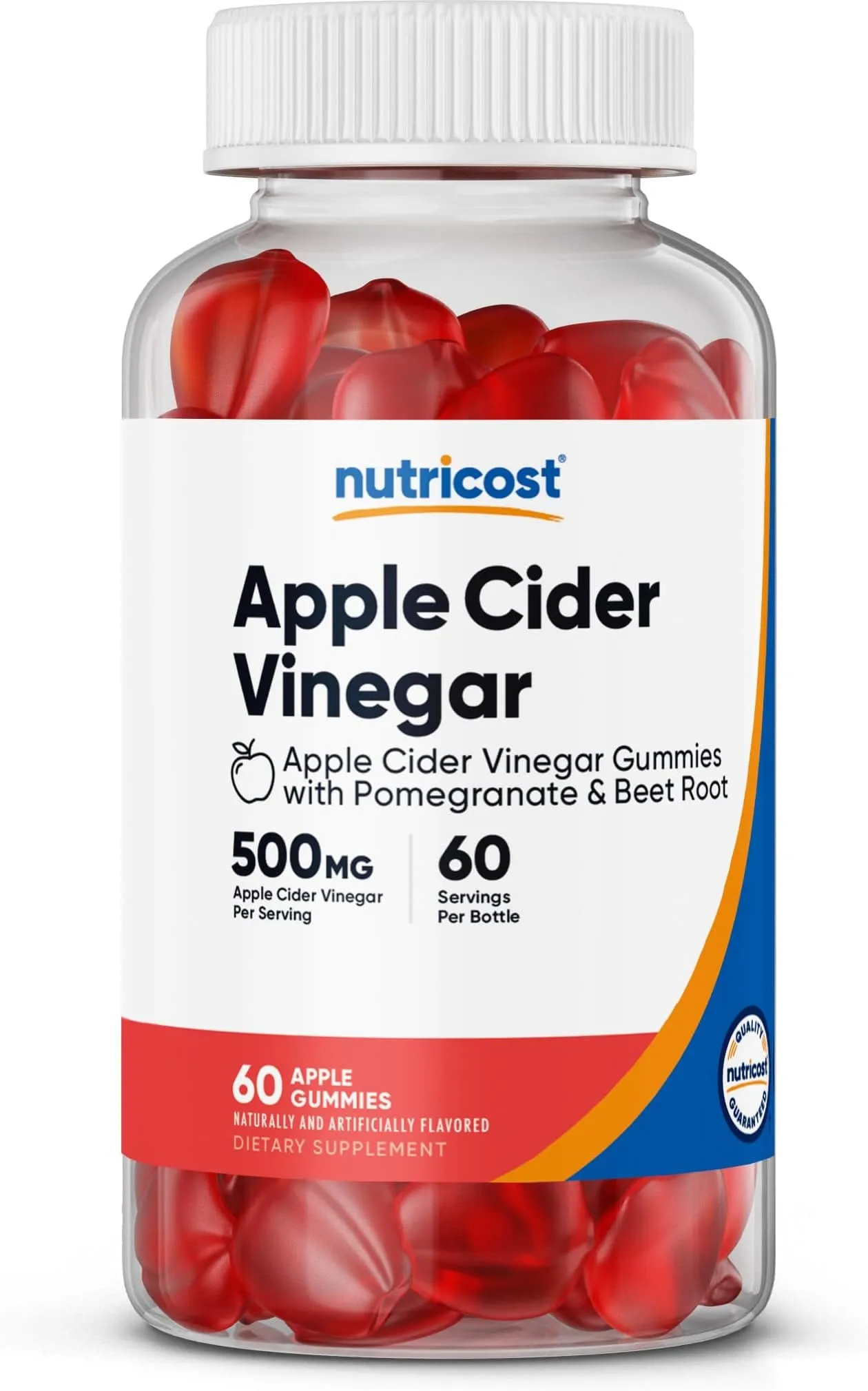 Nutricost خل تفاح 500mg، 60 قطعة حلوى بنكهة التفاح، خالٍ من الغلوتين، غير معدل وراثيا Non-GMO، بدون شراب الذرة
