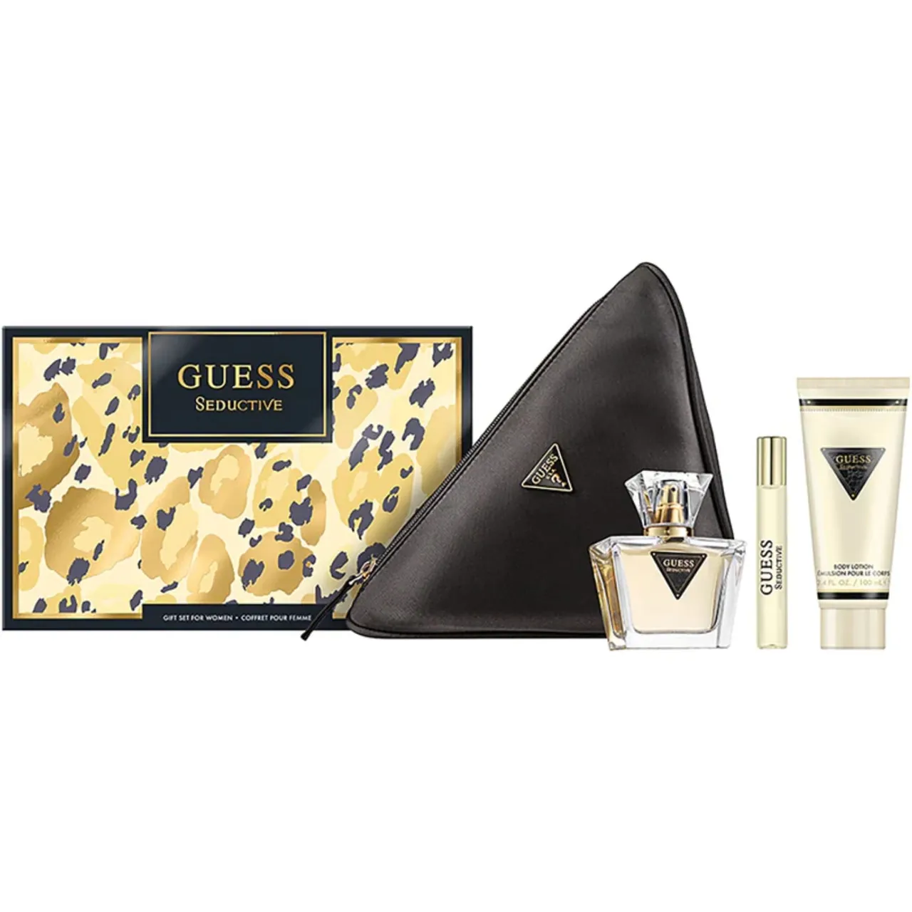 Guess Seductive طقم للنساء، أو دو تواليت، بخاخ، لوشن للجسم مع حقيبة