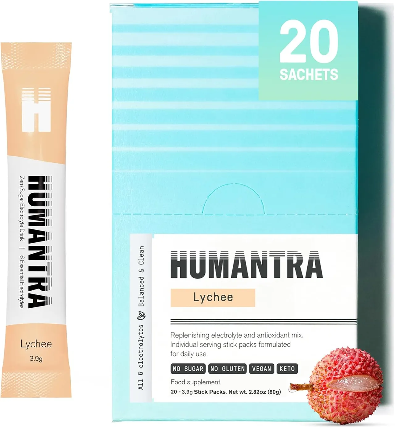 Humantra مسحوق إلكتروليت بنكهة الليتشي، 20 كيس - أكياس ترطيب مسحوق - مسحوق إلكتروليت نباتي مع 6 إلكتروليتات - نباتي، خال من السكر، خال من الجلوتين