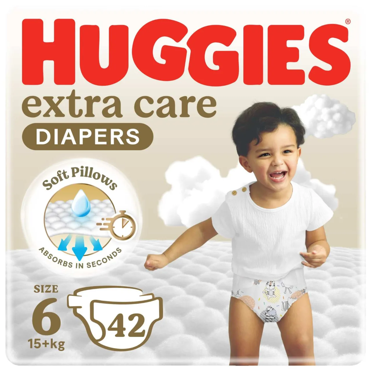 Huggies حفاضات أطفال عناية إضافية، مقاس 6 (15+ kg)، عبوة جامبو، 42 حفاضة