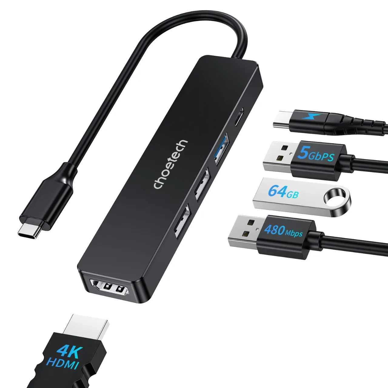 Choetech موزع 4K HDMI 100W 5-in-1 USB-C، أسود، M80