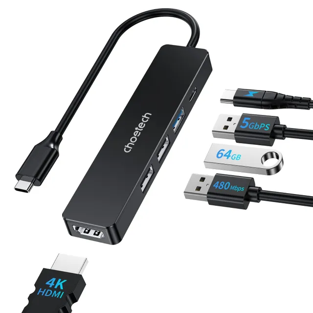Choetech 4K HDMI 100W 5-in-1 USB-C Hub, Black, M80