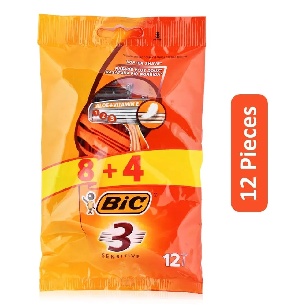 Bic موس حلاقة للبشرة الحساسة بـ 3 شفرات للاستخدام مرة واحدة - 8 + 4 Pcs
