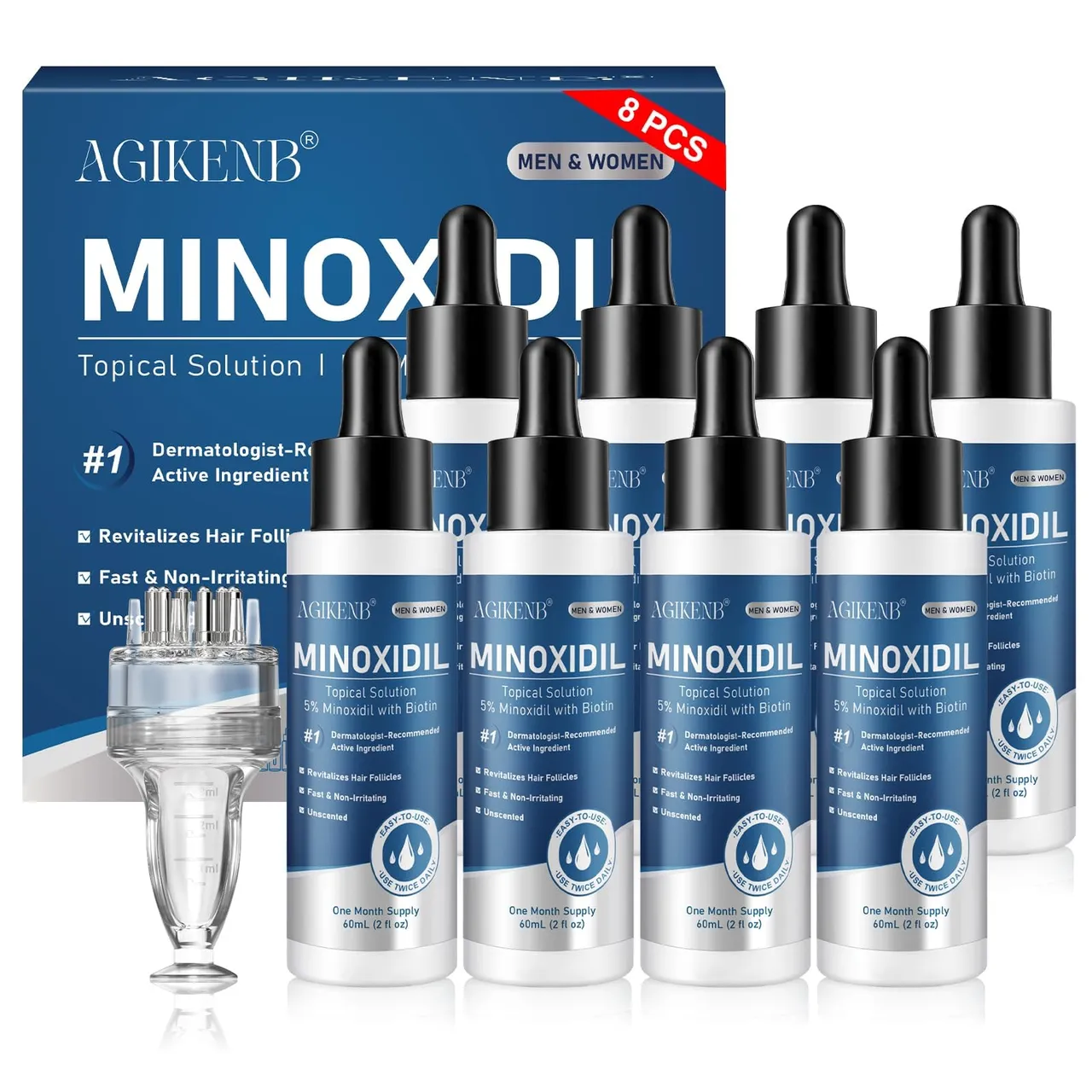 Agikenb علاج إعادة نمو الشعر 5% Minoxidil للرجال والنساء مع البيوتين، 8 عبوات سيروم مع قطارة لشعر أكثف، للحية وخط الشعر، إمداد 8 أشهر